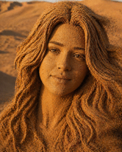 A human face portrait sculpted from fine golden desert sand