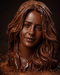 A human face portrait sculpted from rich dark chocolate