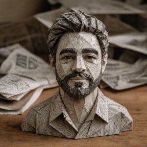 Origami sculpture constructed from crumpled newspaper