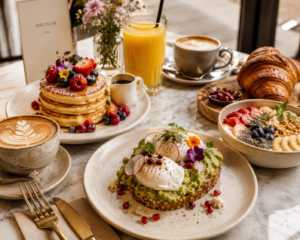 Aesthetic brunch table with avocado toast