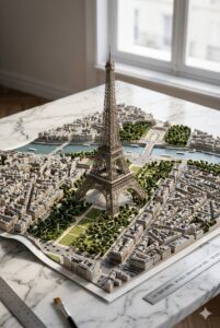 Create a hyperrealistic architectural model of the real Eiffel Tower – France, Paris