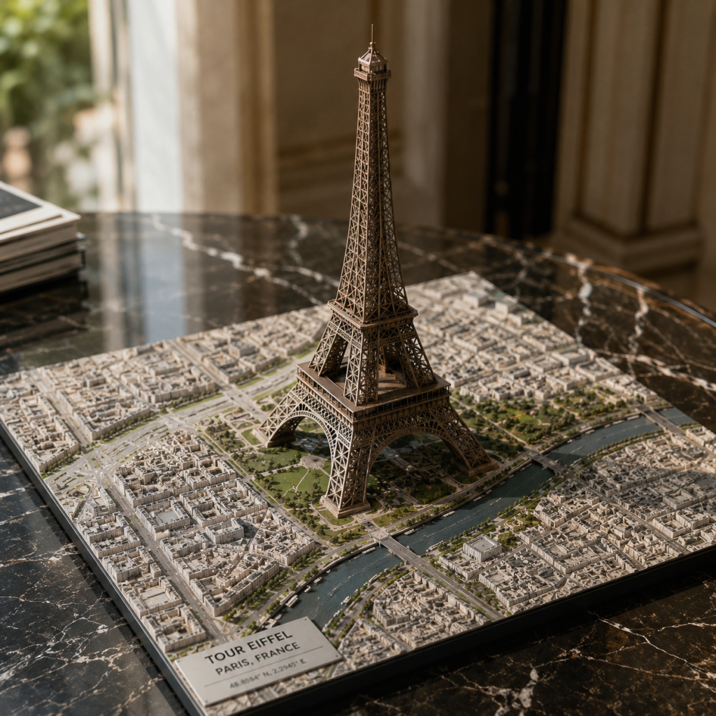 Create a hyperrealistic architectural model of the real Eiffel Tower – France, Paris