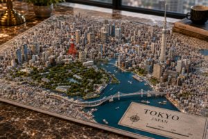 Hyperrealistic 3D architectural model of the real Tokyo